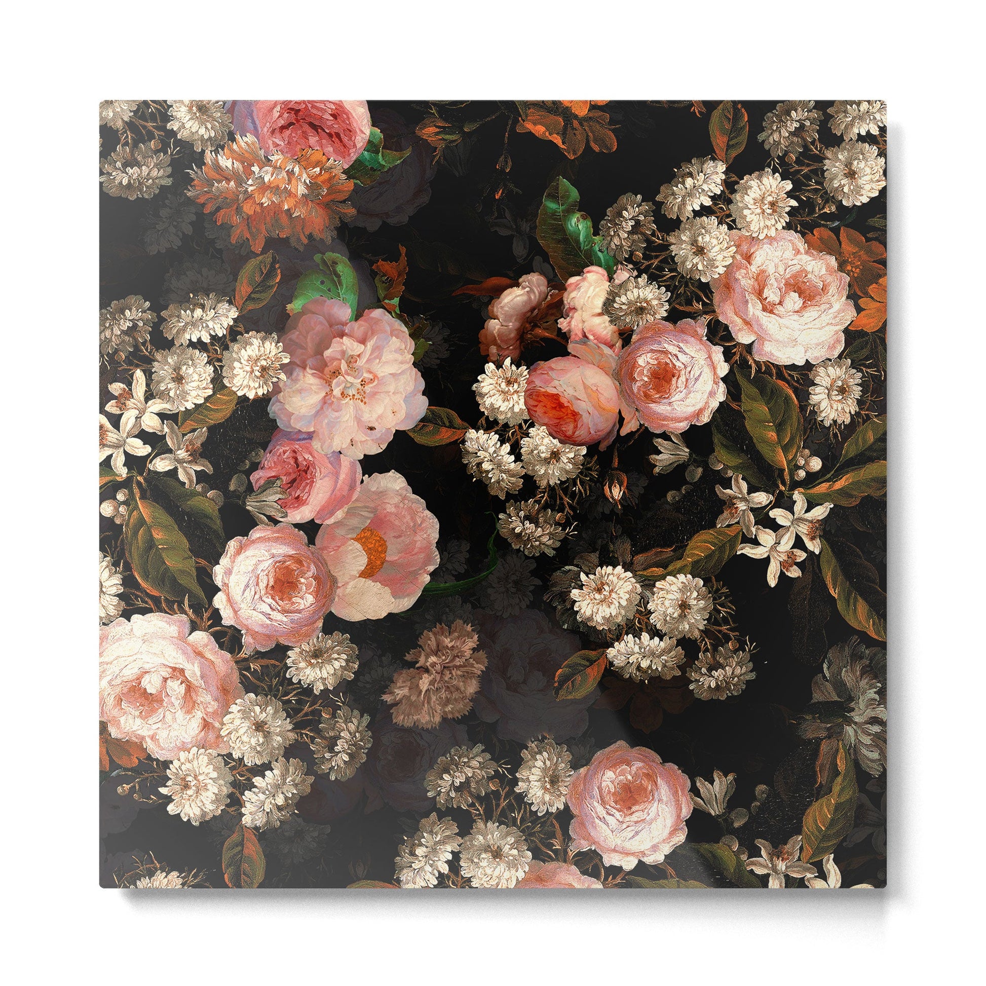 Antique Botanical Shiny Peach Roses And Chamomile Midnight Garden 2 Metal Print | TeksDecor