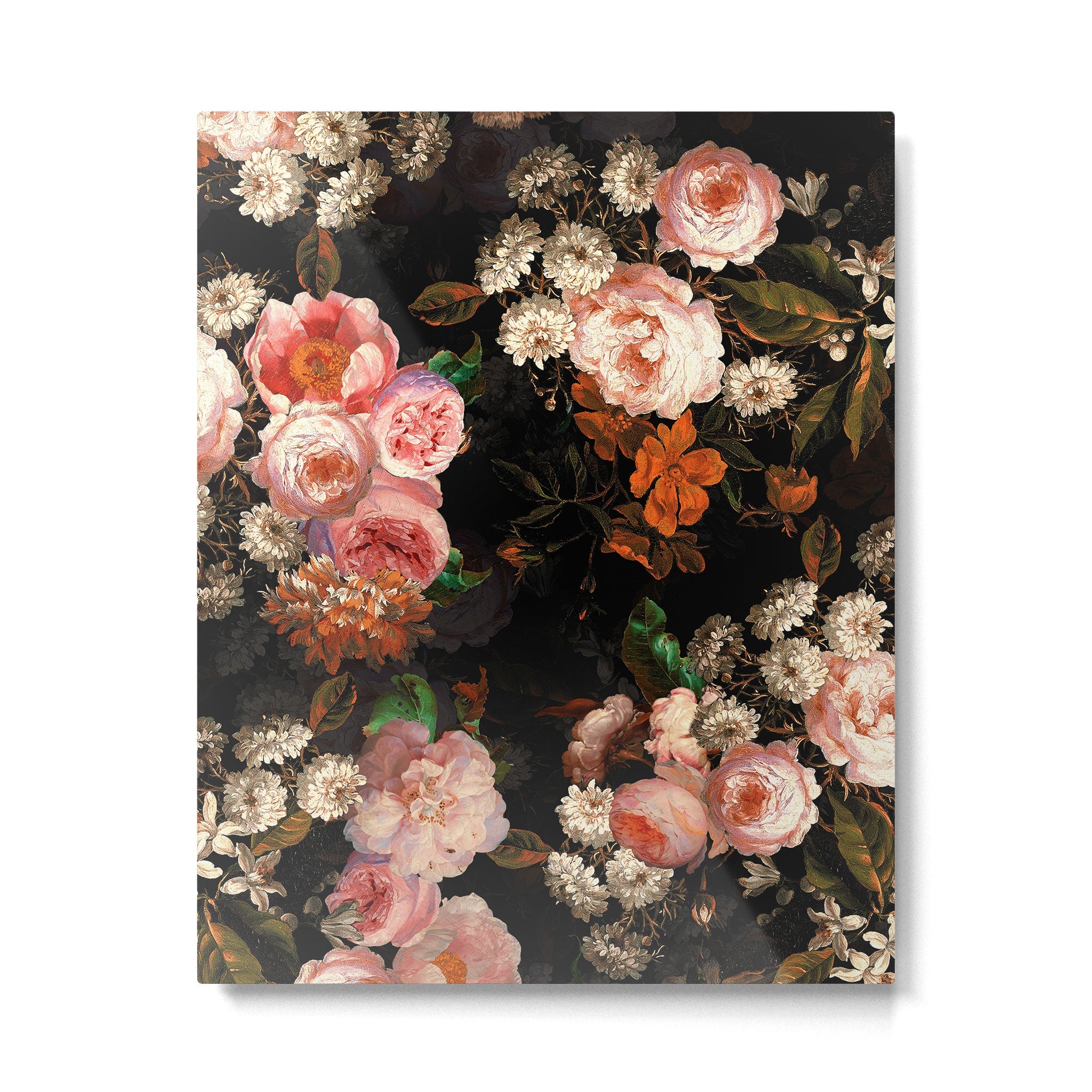 Antique Botanical Shiny Peach Roses And Chamomile Midnight Garden 2 Metal Print | TeksDecor