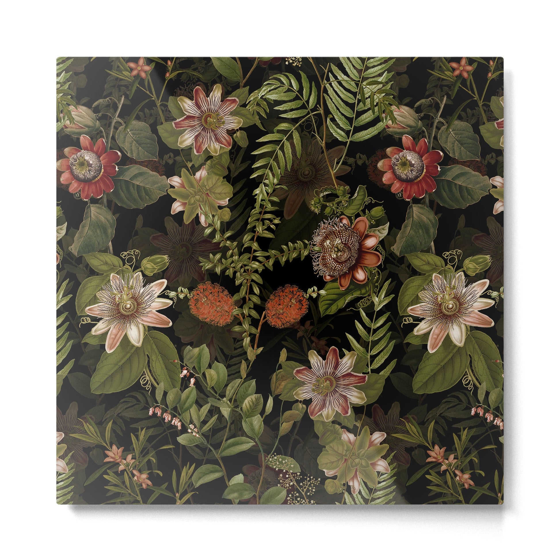 Midnight Summer Sepia Exotic Passiflora Flowers Garden Metal Print | TeksDecor