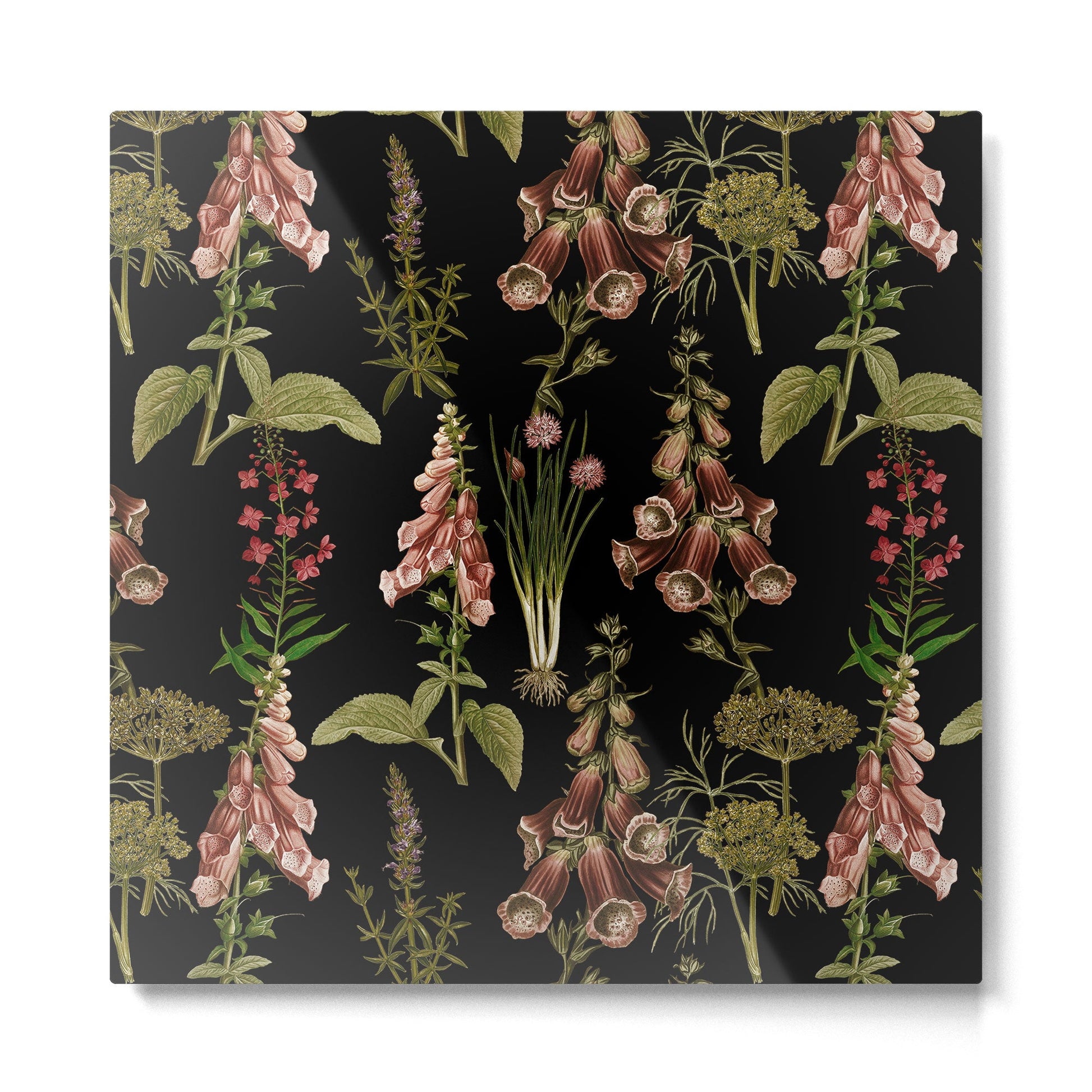 Vintage Botanical Springflowers And Herbs Midnight Garden Metal Print | TeksDecor