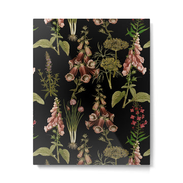 Vintage Botanical Springflowers And Herbs Midnight Garden Metal Print | TeksDecor