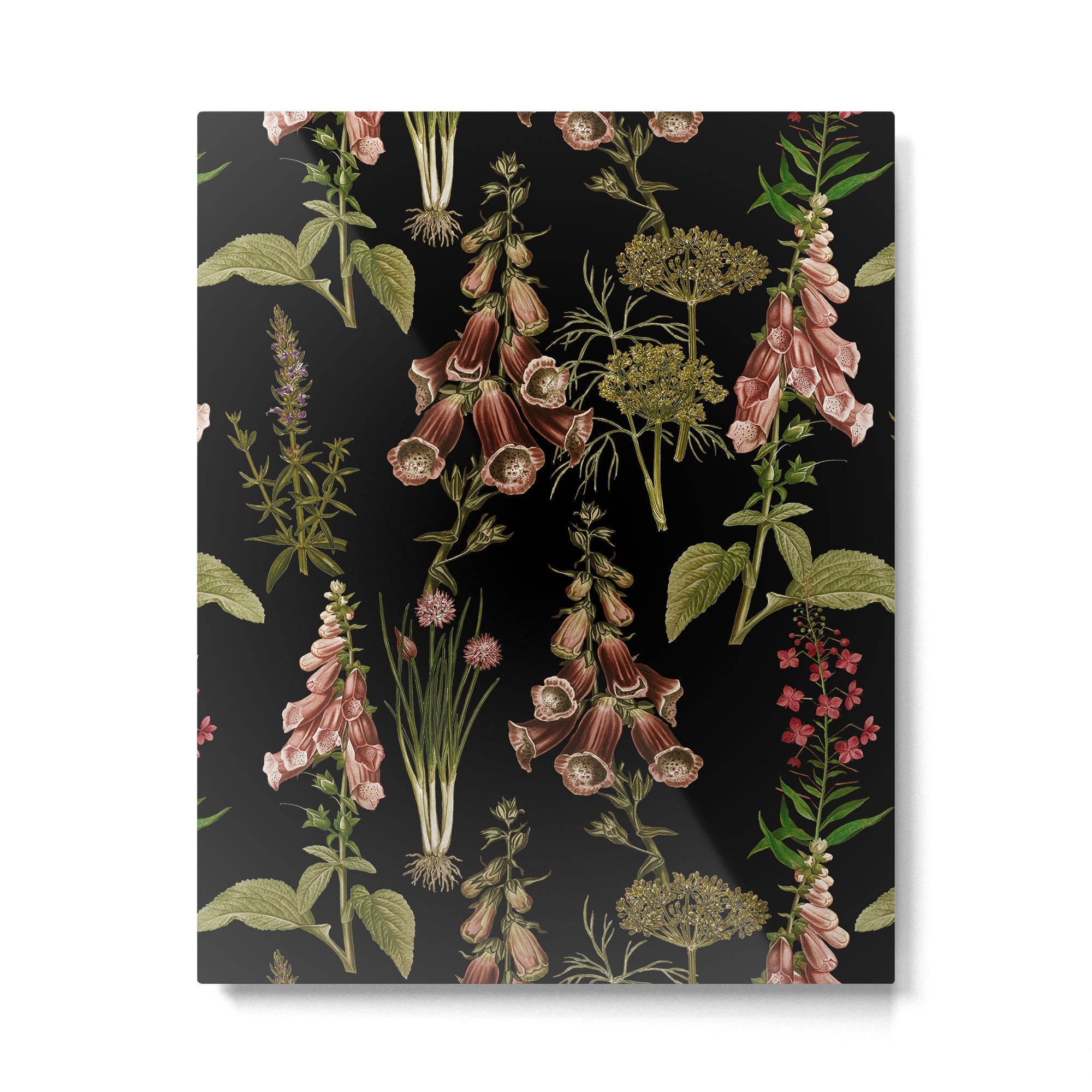 Vintage Botanical Springflowers And Herbs Midnight Garden Metal Print | TeksDecor