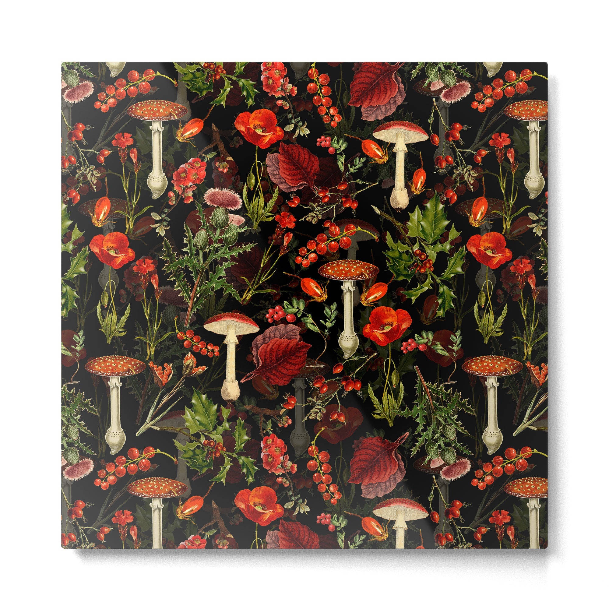 Vintage Dark Red Mushrooms And Poppies Botanical Midnight Garden Metal Print | TeksDecor