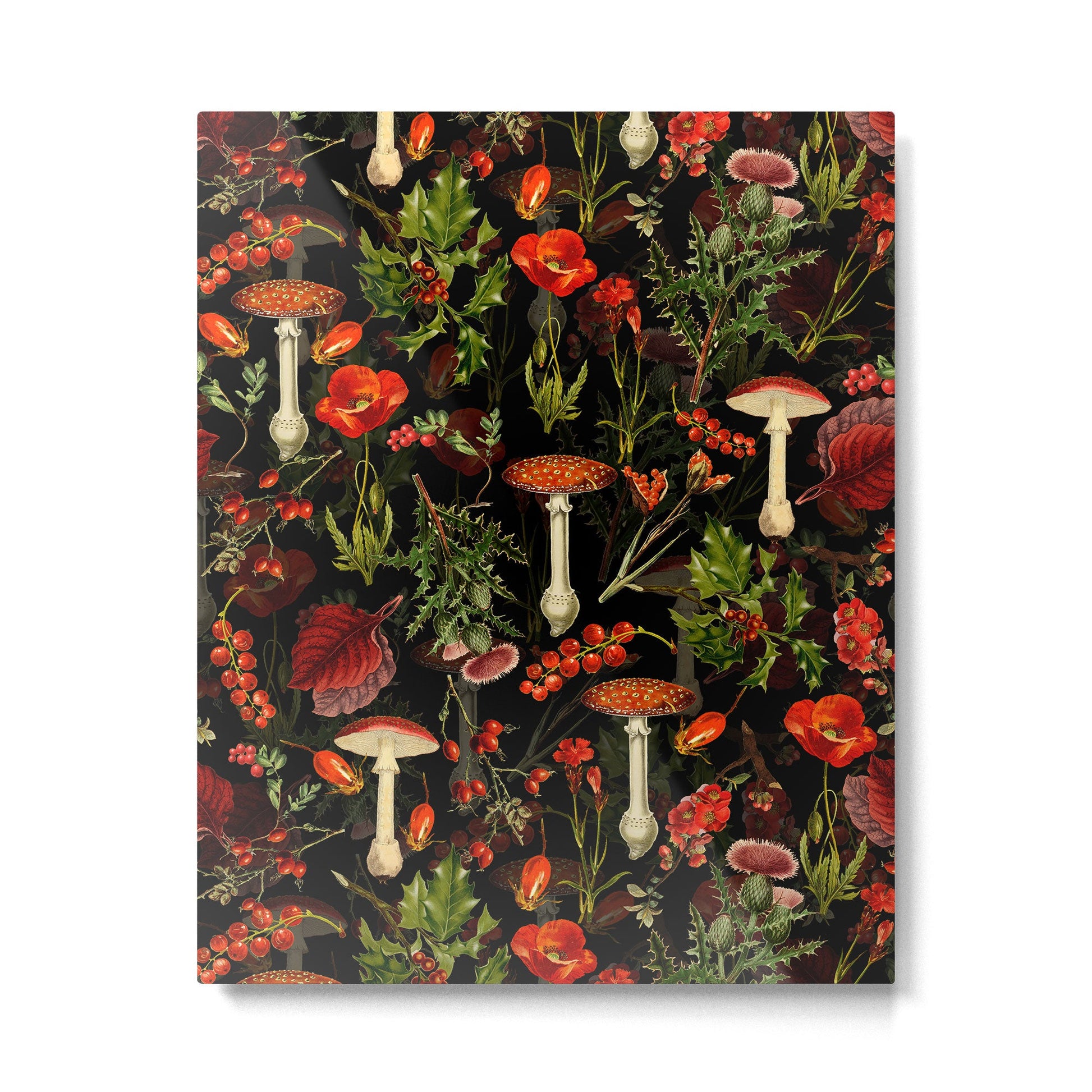 Vintage Dark Red Mushrooms And Poppies Botanical Midnight Garden Metal Print | TeksDecor