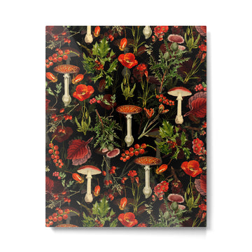 Vintage Dark Red Mushrooms And Poppies Botanical Midnight Garden Metal Print | TeksDecor
