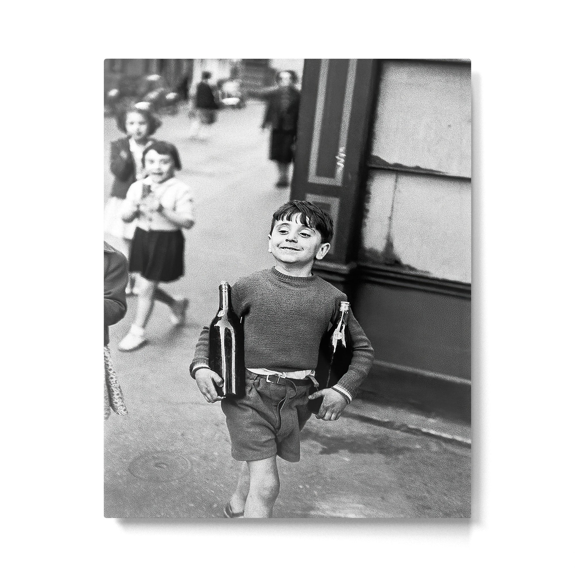 Little Boy and Bottles of Wine, Black and White Vintage Art Metal Print | TeksDecor