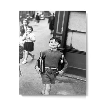Little Boy and Bottles of Wine, Black and White Vintage Art Metal Print | TeksDecor